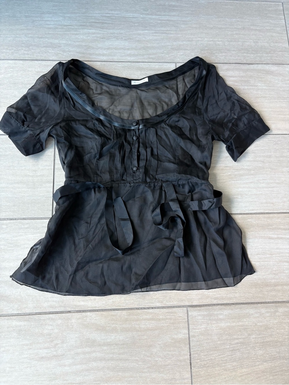 Massimo Dutti Silk Sheer Black Short-Sleeve Tie-Waist Blouse
